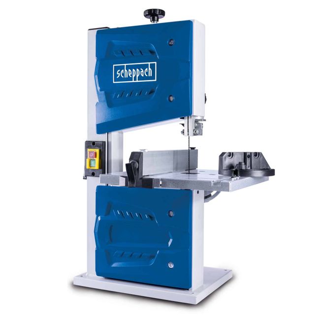 Scheppach band saw with white and blue housing. The device features an on/off switch with three buttons.
